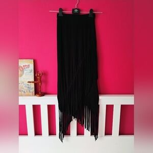 VINTAGE Black Asymmetrical Layered Skirt With Fringe • Size Small • 1990's